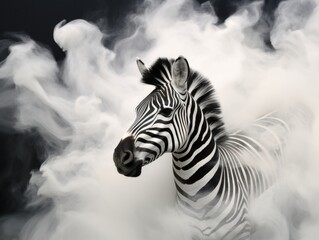 A zebra standing in a cloud of smoke. Generative AI.