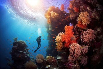 Fototapeta na wymiar A person in a scuba suit is swimming near a coral reef. Generative AI.