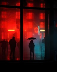 Fototapeta premium A person holding an umbrella in front of a window. Generative AI.
