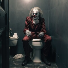 A creepy clown sitting on a toilet in a bathroom. Generative AI.