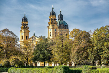Fototapeta na wymiar Autumn view of the Theatine Church of St. Cajetan in Munich, Germany