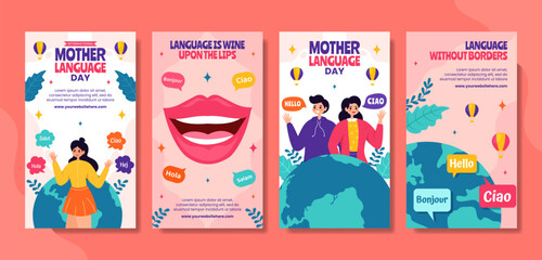 Mother Language Day Social Media Stories Flat Cartoon Hand Drawn Templates Background Illustration © denayune