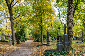 Autumn view of famous Old North Cemetery of Munich, Germany with historic gravestones.