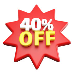 Special 40 percent off sale with number 3d render red tag label