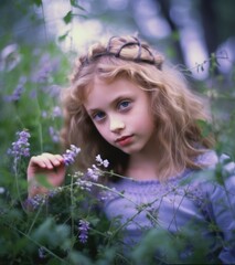 A young girl posing in a field of flowers. Generative AI.