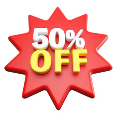 Special 50 percent off sale with number 3d render red tag label