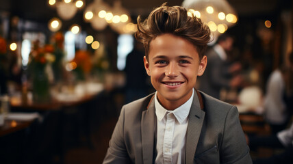 Fototapeta premium Cute little boy is getting haircut by hairdresser at the barbershop generative ai