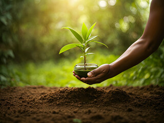 Hand nurturing a green sapling, on a simple earthy backdrop, depicting growth and care