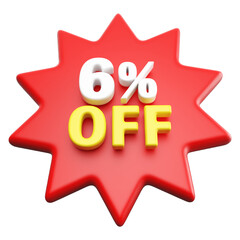 Special 6 percent off sale with number 3d render red tag label