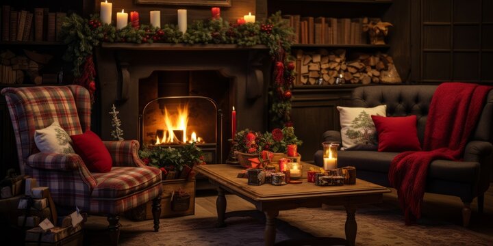 Cozy holiday living room with fireplace and Christmas tree