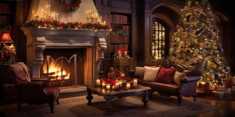 Fototapeta na wymiar Cozy holiday living room with fireplace and Christmas tree