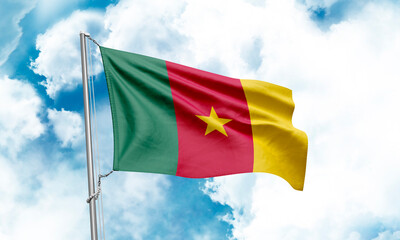 Cameroon flag waving on sky background. 3D Rendering