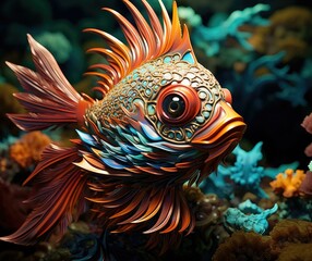 A colorful fish with a large head and large eyes swims gracefully in the vibrant coral reef. Generative AI.