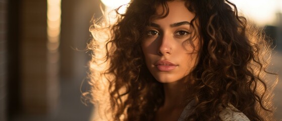 A determined woman with curly hair and a radiant smile, standing against a serene desert backdrop. Generative AI.