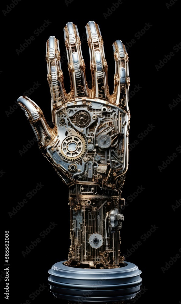 Poster a robotic hand with intricate gears, showcasing precision and craftsmanship. generative ai.