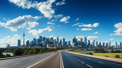 Obraz premium Asphalt road with city skyline.generative ai