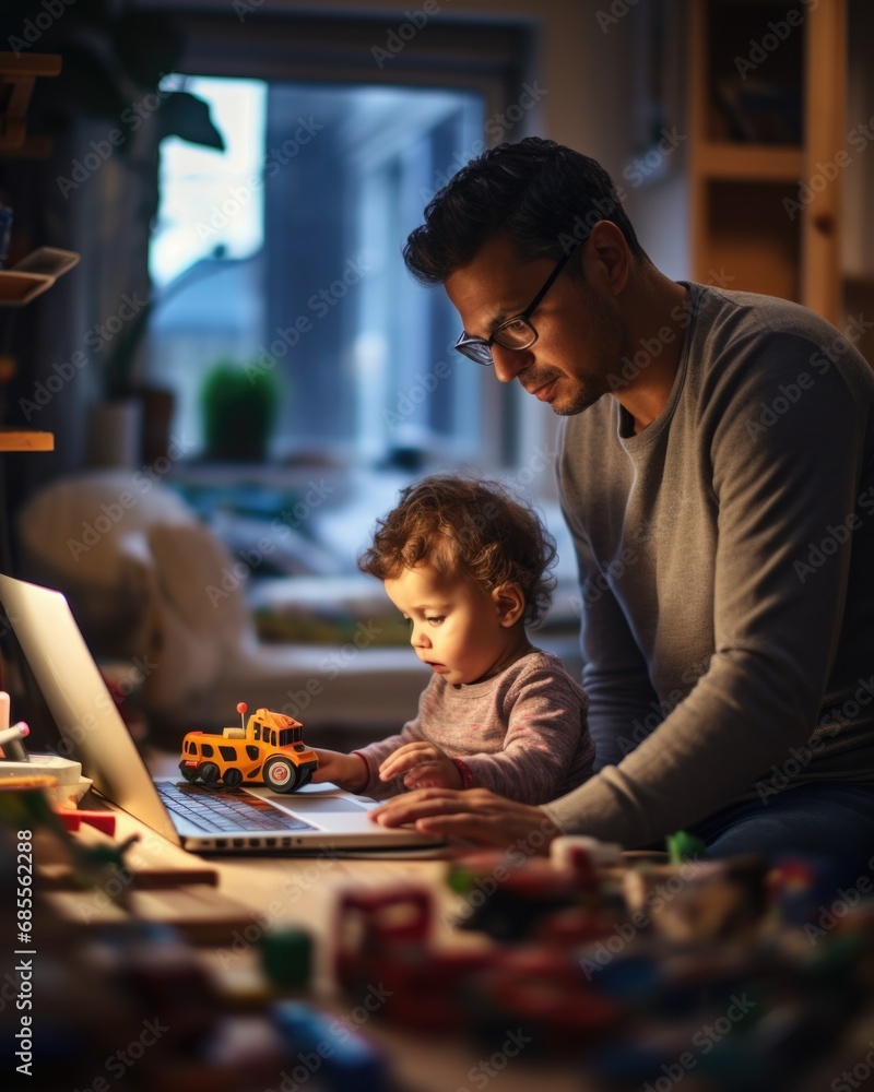 Poster a man sitting at a table with a child on a laptop. generative ai.