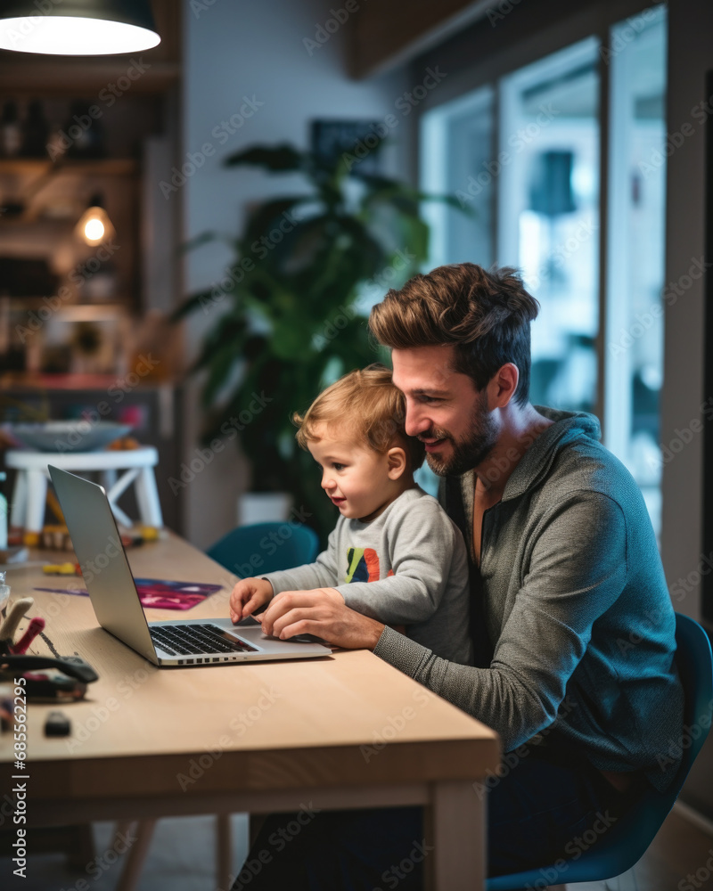 Poster a man sitting at a table with a child on his lap. generative ai.