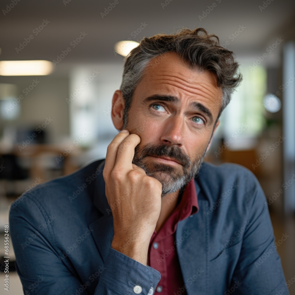 Poster a man with a beard sitting at a table. generative ai.