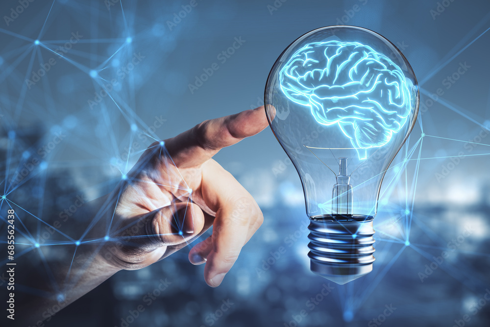 Poster touching a glowing brain within a bulb, concept of idea and innovation