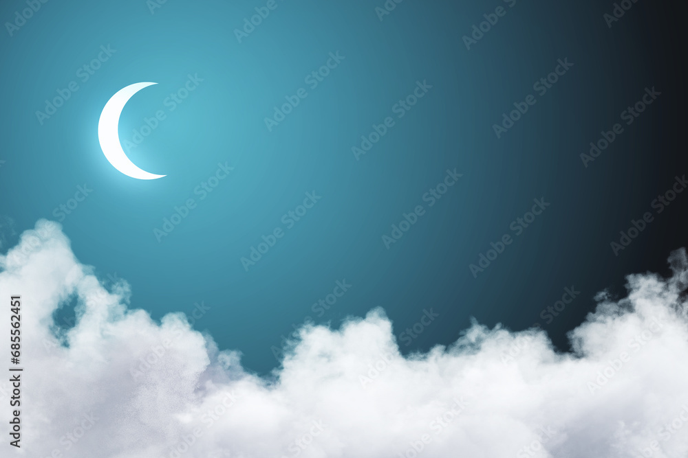 Poster creative blue sky background with clouds and moon. landing page concept.