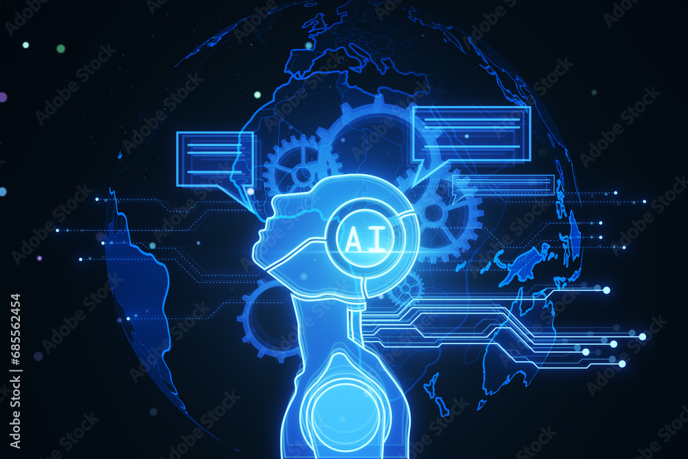 Poster Abstract glowing robot head and icons on dark blurry backdrop. Chat GPT, machine learning and AI concept. 3D Rendering.