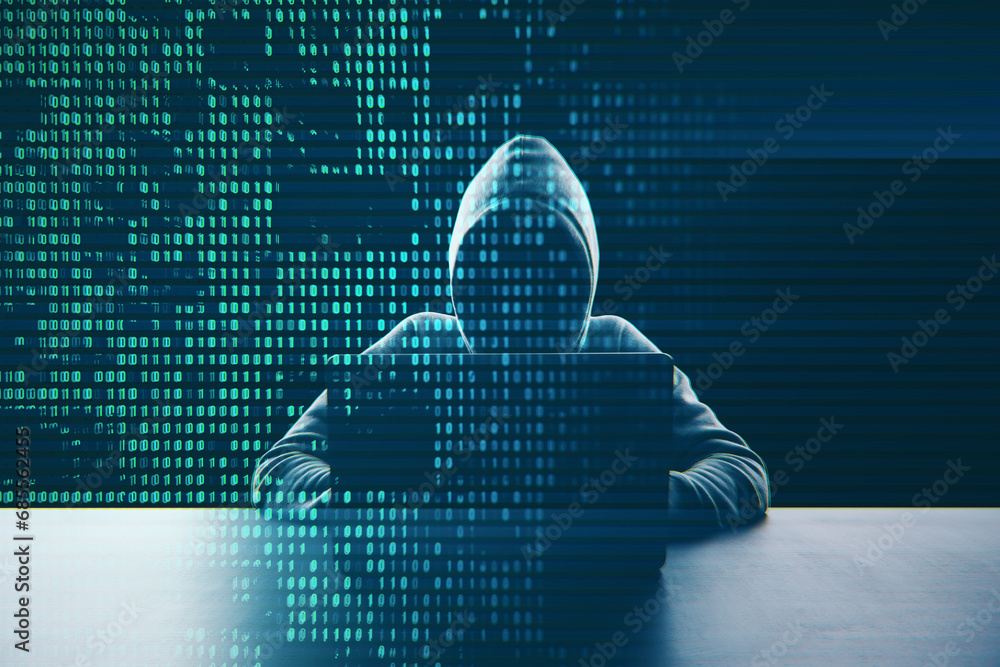 Poster Hacker at desk using laptop with creative digital binary code dots hologram. Digital data hacking concept. Double exposure.