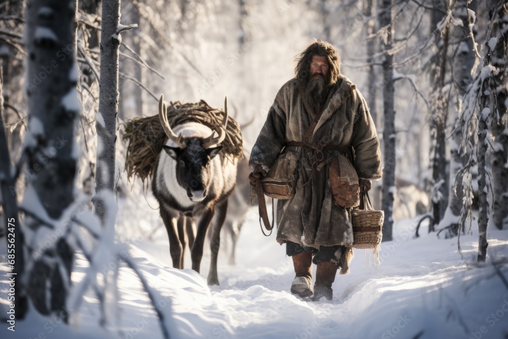 Poster a man walking in the snow with a reindeer and a basket. generative ai.