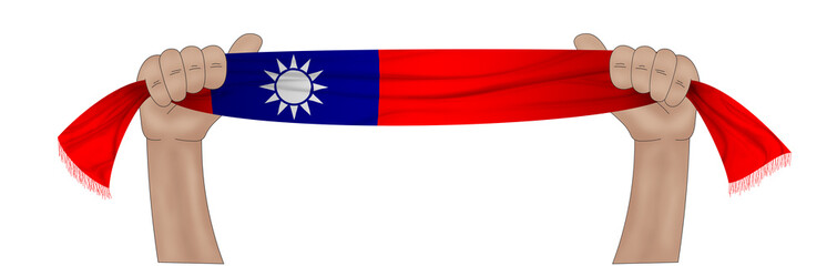 3D illustration. Hand holding flag of Republic of China on a fabric ribbon background.