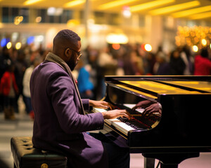 A man in a purple suit playing a piano. Generative AI. - Powered by Adobe
