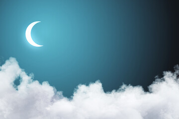 Creative blue sky background with clouds and moon. Landing page concept.