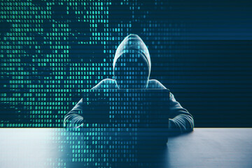 Hacker at desk using laptop with creative digital binary code dots hologram. Digital data hacking...