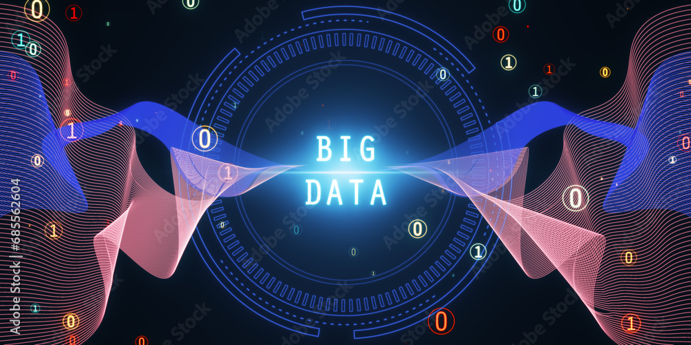 Poster Abstract round big data hologram with binary code on dark backdrop. Stream information, filtering machine algorithm concept. 3D Rendering.