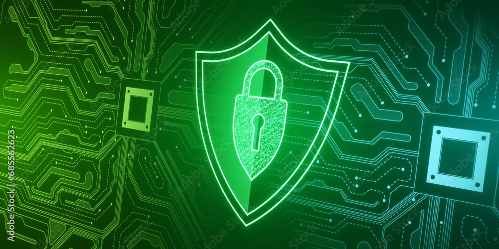 Poster creative web protection sign with circuit on green background. web safety and security, shield, padl