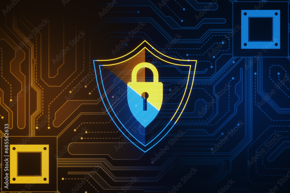 Poster creative web protection sign with circuit on dark wallpaper. web safety and security, shield, padloc