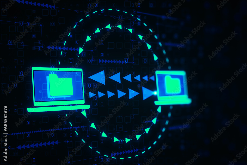 Leinwandbilder Creative digital data transfer and exchange folders on dark backdrop. Backup data, virtual document storage or loading on cloud service. 3D Rendering.