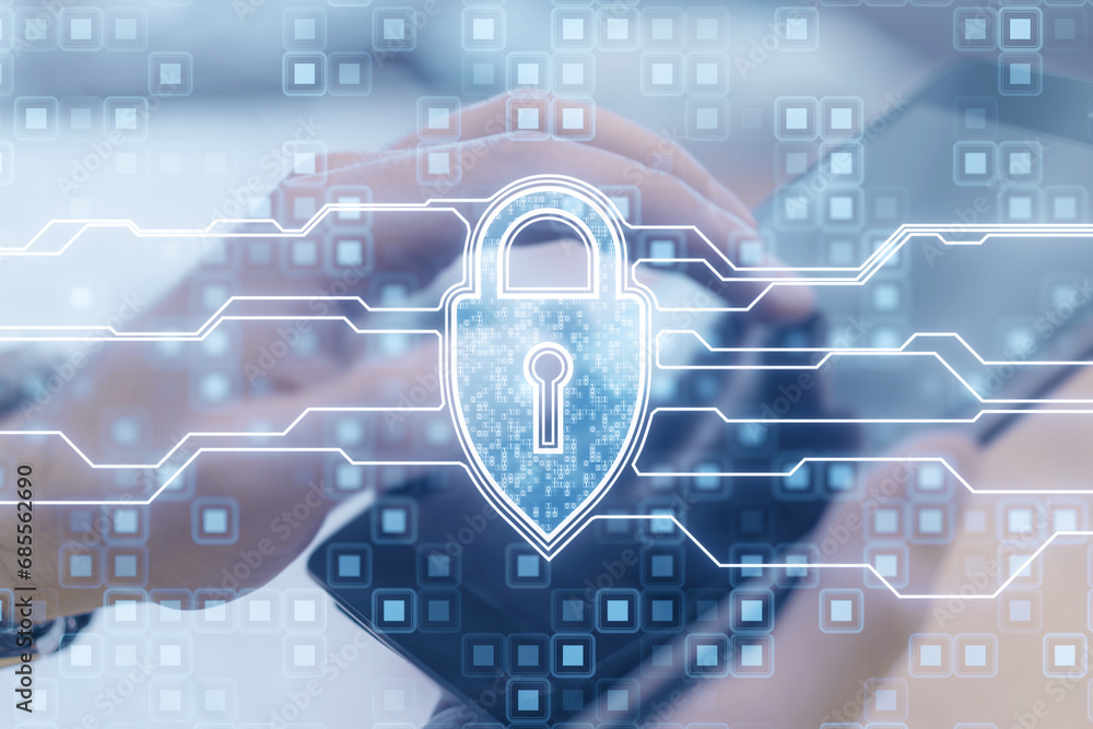 Aufkleber Close up of male hands using cellphone with creative web protection sign with binary coding on dark background. Web safety and security, shield, padlock and antivirus concept.