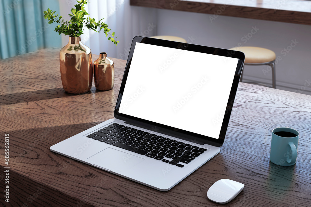 Aufkleber close u of creative designer desktop with empty white mock up laptop, coffee cup, other items. 3d re