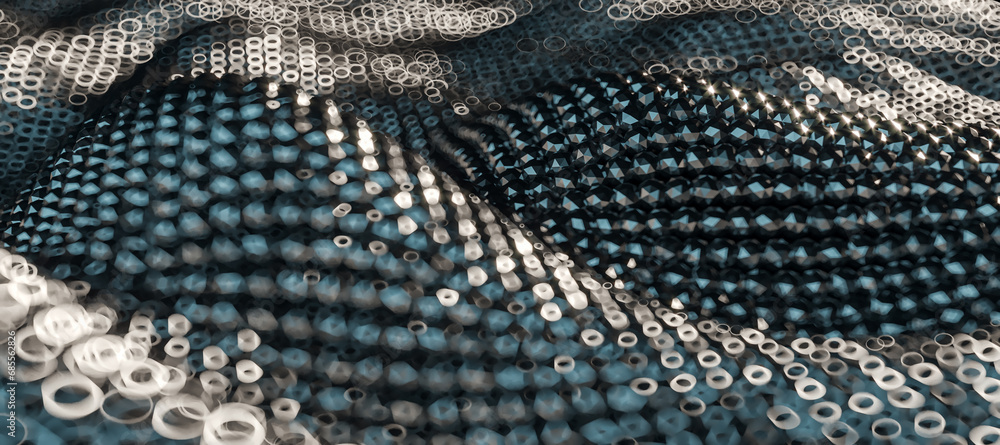 Fototapete Bokeh circles overlaying a dark wave textured surface, offering a blend of abstraction and design. 3D Rendering