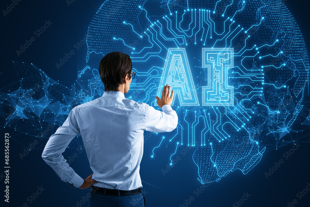 Poster businessman interacting with ai hologram, showcasing machine learning and digital transformation
