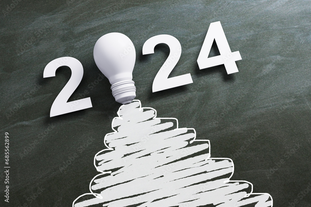 Poster Innovative concept for 2024 with a lightbulb and a sketched rocket, symbolizing new ideas and progress. 3D Rendering