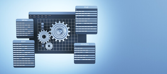 Graphical software programming interface featuring gears and editable panels. Blue technological...