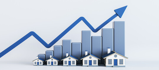 Real estate market trend visualization with houses and ascending bar graph. Housing economy and...