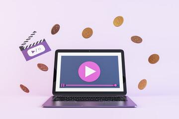 Play button on laptop screen with clapperboard and coins on pastel purple background. Content creation value. 3D Rendering