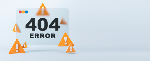 Wide 3D illustration of a 404 error webpage concept with alert signs. 3D Rendering