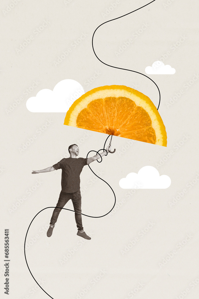 Canvas Prints Vertical creative art illustration collage of funny guy have free time flying with orange slice parasol in sky isolated on gray background