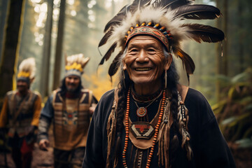 An old man from an Indian tribe without face paint. Headdress with black and white feathers. Necklaces with tribe symbols. Dark blue black and yellow aesthetics - obrazy, fototapety, plakaty