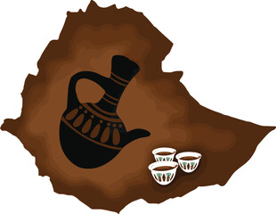 Ethiopian traditional coffee pot (Jebena) and coffee cups inside ethiopian map