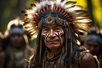 Black man from an Indian tribe, close up, with dreads and a white and red face paint on his cheeks. Blue war bonnet with golden ornaments with white feathers. Nature background. - obrazy, fototapety, plakaty