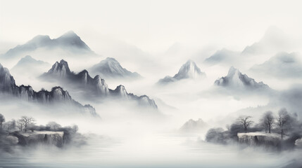 Fototapeta na wymiar Hand drawn beautiful ink mountain landscape illustration 
